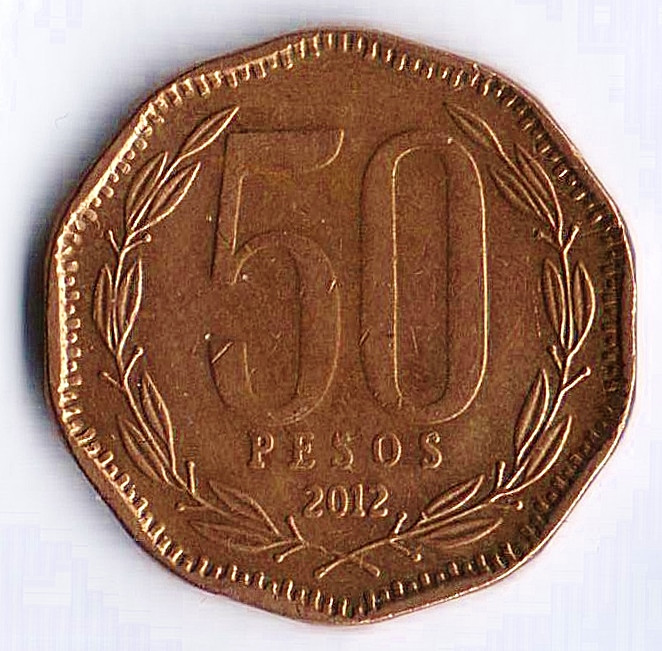 Монета 50 песо. 2012 год, Чили.