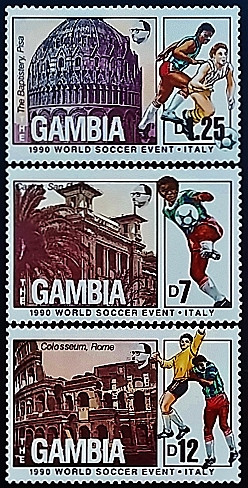Набор марок (3 шт.). "Чемпионат мира по футболу FIFA, Италия`1990". 1989 год, Гамбия. Набор марок (3 шт.). "Чемпионат мира по футболу FIFA, Италия`1990". 1989 год, Гамбия.