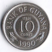 Монета 10 центов. 1990 год, Гайана.