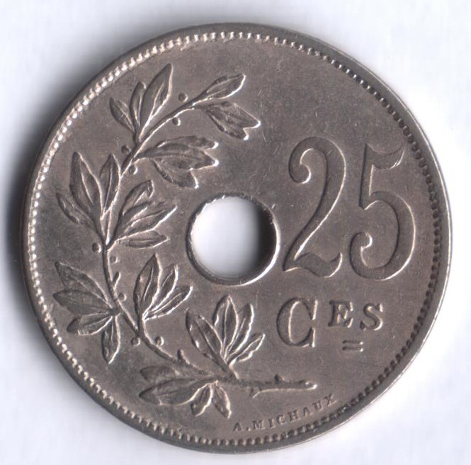 Монета 25 сантимов. 1913 год, Бельгия (Belgique).
