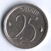 Монета 25 сантимов. 1968 год, Бельгия (Belgie).