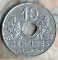 Монета 10 сантимов. 1943 год, Франция. Большой модуль.