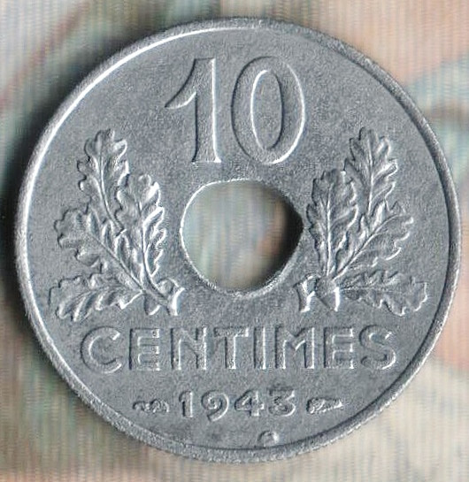 Монета 10 сантимов. 1943 год, Франция. Большой модуль.
