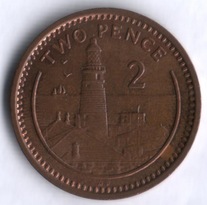 Монета 2 пенса. 1989(AB) год, Гибралтар.