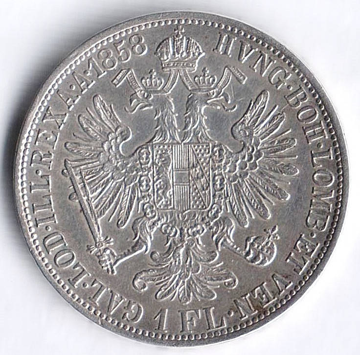Монета 1 флорин. 1858(А) год, Австрийская империя.