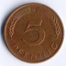 Монета 5 пфеннигов. 1978(D) год, ФРГ.