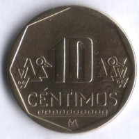 Монета 10 сентимо. 2002 год, Перу.