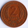 Монета 2 цента. 1962 год, Британские Карибские Территории.