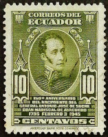 Почтовая марка (10 c.). "150 лет со дня рождения генерал Антонио Хосе де Сукре". 1945 год, Эквадор.