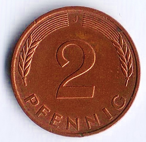 Монета 2 пфеннига. 1986(J) год, ФРГ.