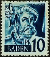 Марка почтовая (10 pf.). "Ганс Бальдунг". 1947 год, Германия (Французская оккупация Бадена).