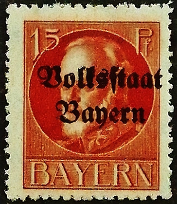 Марка почтовая (15 pf.). "Король Людвиг III ("Volksstaat")". 1919 год, Бавария.