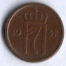 Монета 1 эре. 1957 год, Норвегия.