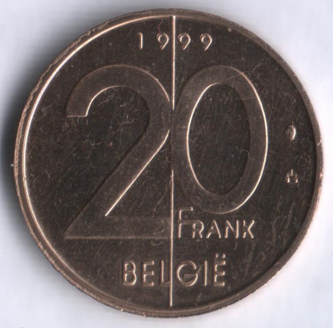 Монета 20 франков. 1999 год, Бельгия (Belgie).