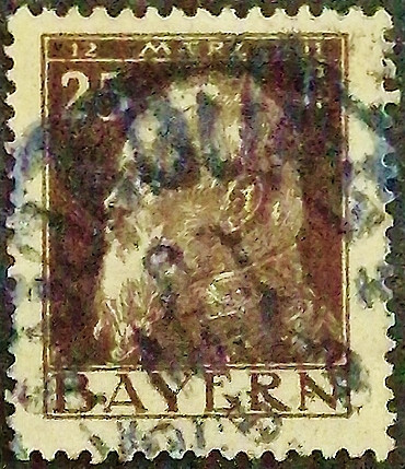 Почтовая марка (25 pf.). "90 лет со дня рождения принца-регента Луитпольда Баварского". 1911 год, Бавария.