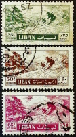 Набор марок (3 шт.). "Катание на лыжах среди кедров". 1955-1957 годы, Ливан.