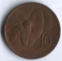 Монета 10 чентезимо. 1920 год, Италия.