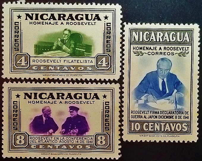 Набор марок (3 шт.). "Памятная церемония президента Рузвельта". 1946 год, Никарагуа. Набор марок (3 шт.). "Памятная церемония президента Рузвельта". 1946 год, Никарагуа.