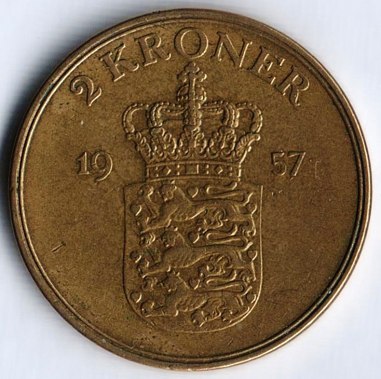 Монета 2 кроны. 1957 год, Дания. C;S.