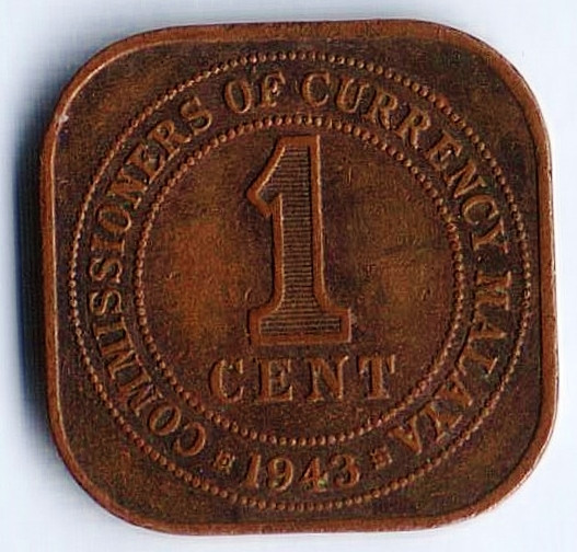 Монета 1 цент. 1943 год, Малайя.