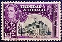 Почтовая марка (12 c.). "Король Георг VI и пейзажи". 1944 год, Тринидад и Тобаго.