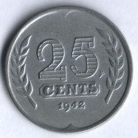 Монета 25 центов. 1942 год, Нидерланды.