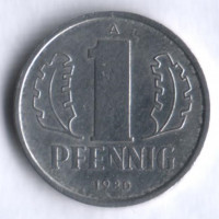 Монета 1 пфенниг. 1980 год, ГДР.