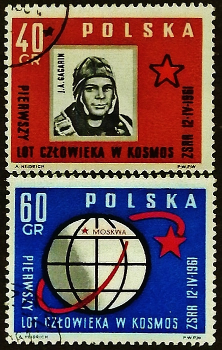 Набор почтовых марок (2 шт.). "Первый человек в космосе". 1961 год, Польша.