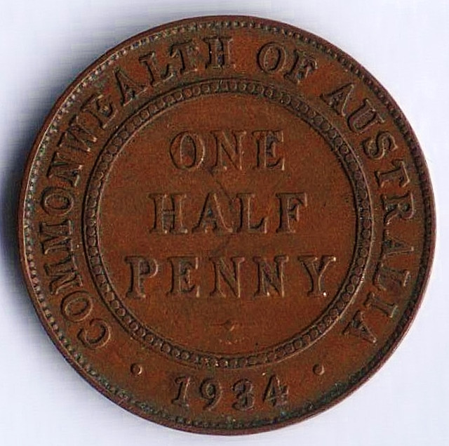 Монета 1/2 пенни. 1934 год, Австралия.