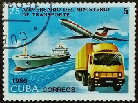 Почтовая марка. "25-летие Министерства транспорта". 1986 год, Куба.