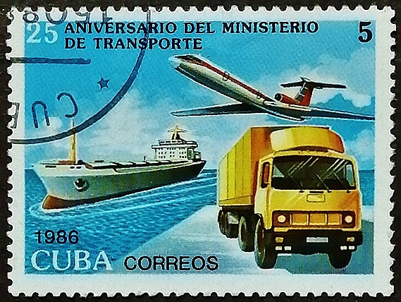 Почтовая марка. "25-летие Министерства транспорта". 1986 год, Куба.