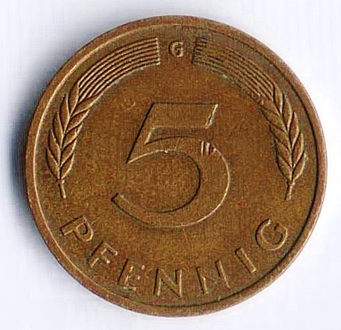 Монета 5 пфеннигов. 1976(G) год, ФРГ.