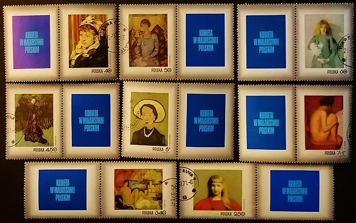 Сцепка почтовых марок (8 шт.). "День печати 1971 - Женщина на польских картинах". 1971 год, Польша.
