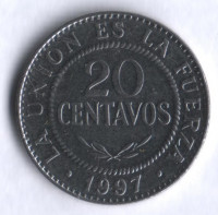 Монета 20 сентаво. 1997 год, Боливия.