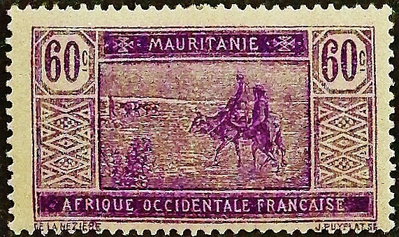 Марка почтовая (60 c.). "Пересечение пустыни". 1925 год, Мавритания.
