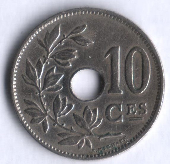Монета 10 сантимов. 1921 год, Бельгия (Belgique).
