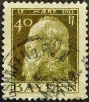 Почтовая марка (40 pf.). "90 лет со дня рождения принца-регента Луитпольда Баварского". 1911 год, Бавария.