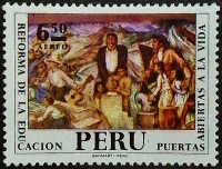 Марка почтовая. «Учитель и дети», Теодоро Нуньес Урета. 1972 год, Перу.