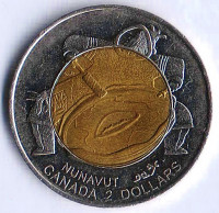 Монета 2 доллара. 1999 год, Канада. Основание Нунавута.