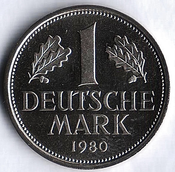 Монета 1 марка. 1980 год (G), ФРГ.