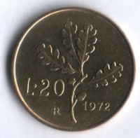 Монета 20 лир. 1972 год, Италия.