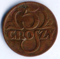 Монета 5 грошей. 1923 год, Польша.