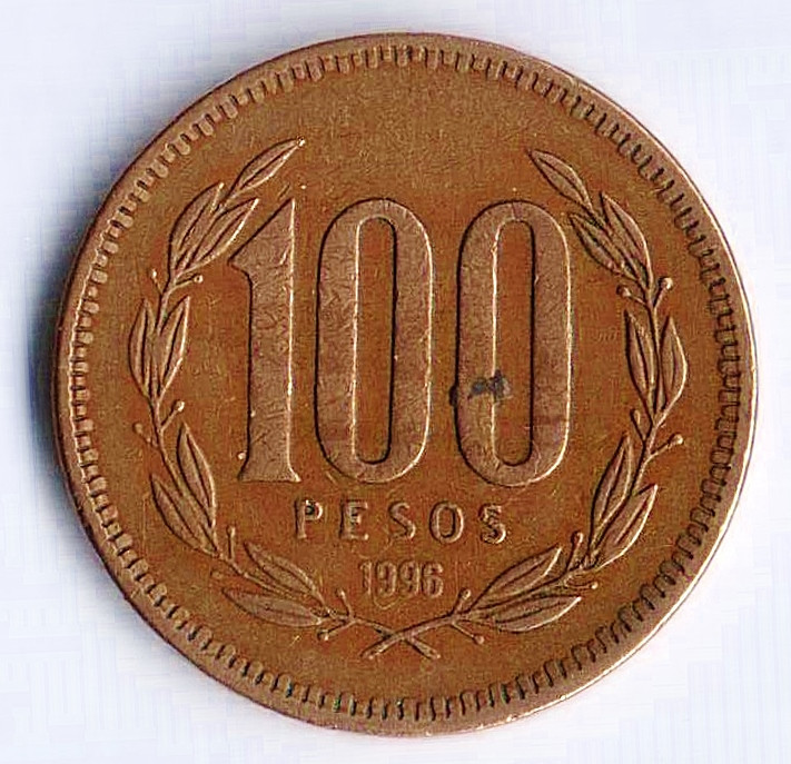 Монета 100 песо. 1996 год, Чили.