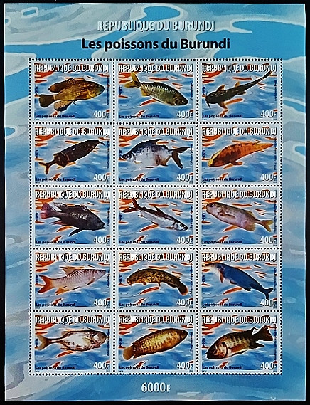 Блок марок (15 шт.). "Рыбы". 2009 год, Бурунди.