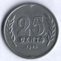 Монета 25 центов. 1943 год, Нидерланды.