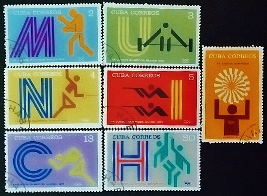 Набор почтовых марок (7 шт.) с блоком. "Летние Олимпийские игры - Мюнхен`1972". 1972 год, Куба.