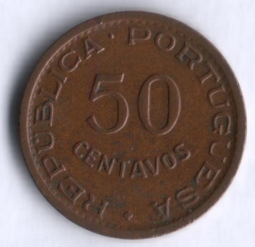 Монета 50 сентаво. 1958 год, Ангола (колония Португалии).