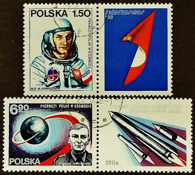 Набор почтовых марок с корешками (2 шт.). "Первый польский космонавт". 1978 год, Польша.