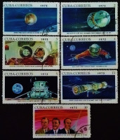 Набор почтовых марок (7 шт.). "Советские космические полеты". 1972 год, Куба.