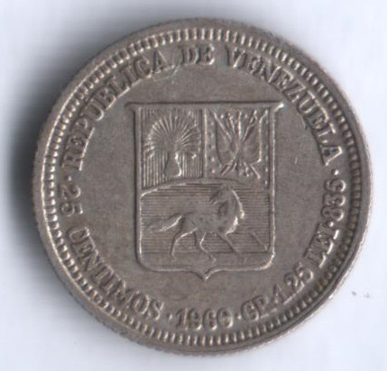 Монета 25 сентимо. 1960 год, Венесуэла.